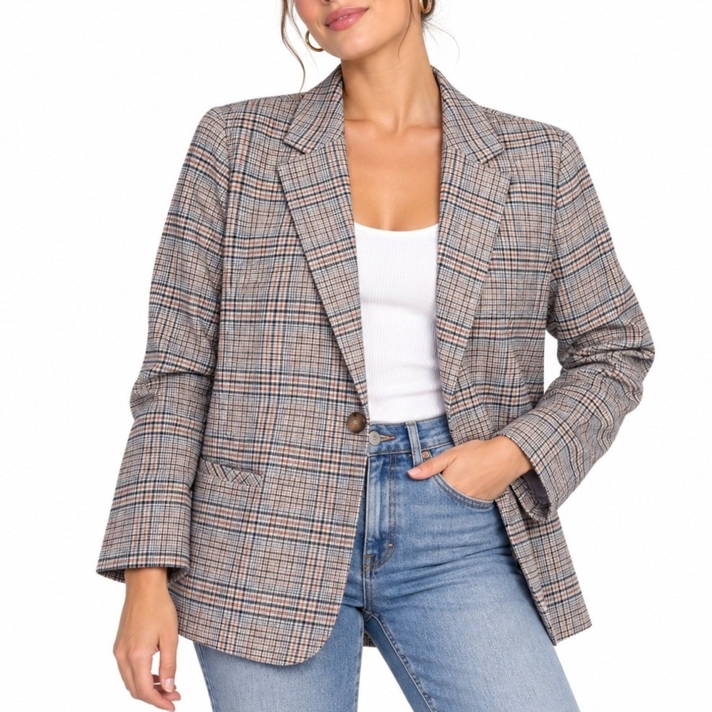 J Jill Blazer Women Medium Petite Tan Navy Plaid Glen Check Career Professional